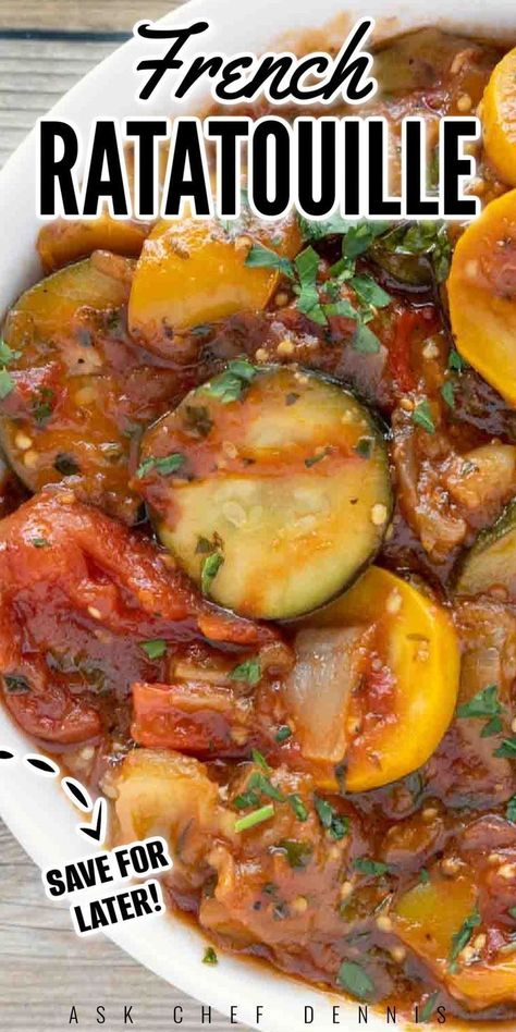 Traditional French Ratatouille is a bright, rich, and delicious stew of summer vegetables with hints of olive oil, garlic, and fresh herbs. This recipe from Chef Dennis is delicious! This traditional ratatouille recipe is easy to make and is the perfect accompaniment for chicken, pork, or beef. You can also simply serve it with a crusty loaf of bread and Romano or parmesan cheese. Cook like a French chef and enjoy classic ratatouille tonight! Try this today. Traditional Ratatouille, French Ratatouille Recipe, French Ratatouille, Grill Night, Eggplant Recipes Easy, New Recipes For Dinner, Ratatouille Recipe, Summer Vegetables, Olive Oil Garlic