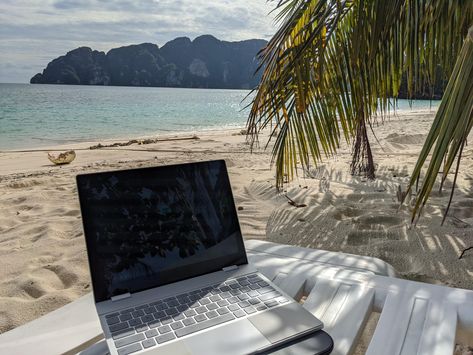 Koh phi phi Thailand. It's empty just me and my girl on an empty beach. #coworking #digitalnomad #remotework #ttot #travel #digitalnomads #entrepreneur #blogging #travelwithkids https://bit.ly/3mchUPB Laptop Travel Aesthetic, Working From Beach, Remote Work Aesthetic Travel, Work And Travel, Digital Nomad Aesthetic, Living In Thailand Aesthetic, Working On The Beach Laptop, Phi Phi Island Thailand Aesthetic, Phi Phi Thailand