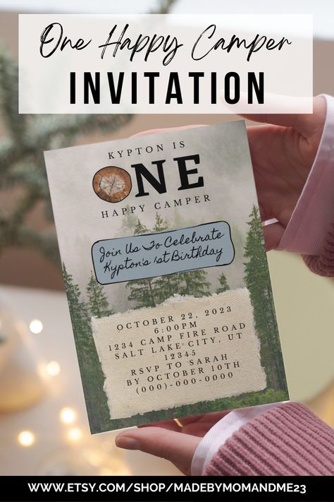 Celebrate your little one's first birthday with our "One Happy Camper" 5x7" invitation. This warm woodsy-themed double-sided invitation is fully customizable in Canva. You can personalize the fonts, text, text size, text color and background image. Your edited invitation can be printed single / double-sided or sent to your guests through text / social media. One Happy Camper Girl First Birthday, Birthday Camping Theme, Happy Camper Invitation, First Birthday Camping Theme, First Birthday Camping, Birthday Camping, One Happy Camper, Invitation First Birthday, Camping Theme Party