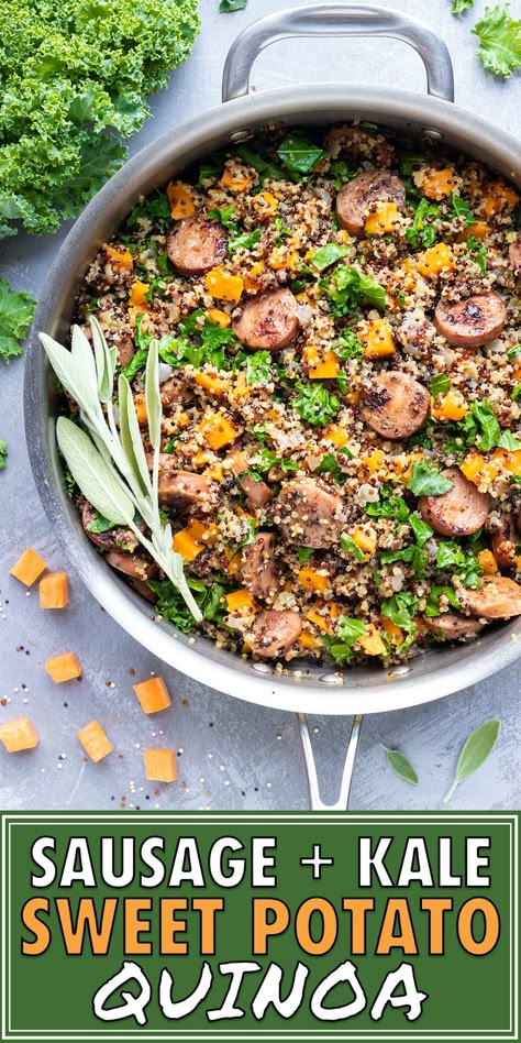 Sweet potatoes, chicken apple sausage, and kale combine to form one of the best and easiest quinoa bowl recipes.  All of the ingredients are cooked in one pot, or skillet, to make a healthy quinoa recipe that is full of sage and savory Fall flavors! #sweetpotato #kale #quinoa #onepot #dinner #fall Chicken Apple Sausage Quinoa, Sausage Quinoa Bowl, Chicken Sausage Quinoa Bowl, Sausage And Quinoa Recipes, Sausage And Kale Recipes, Kale And Sweet Potato Recipes, Sausage Kale Sweet Potato, Sweet Potato Quinoa Bowl, Sweet Potatoes Chicken