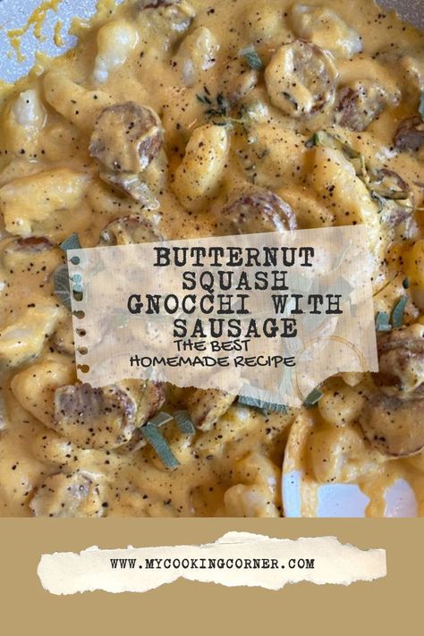 Embrace the flavors of autumn with this luxurious Creamy Butternut Squash Gnocchi with Sausage, infused with fragrant thyme and sage! #recipe #food #dinner #tasty #gnocchi #creamy #yummy Creamy Butternut Squash Gnocchi, Gnocchi Creamy, Gnocchi With Sausage, Butternut Squash Gnocchi, Squash Gnocchi, Creamy Butternut Squash, Food Dinner, Gnocchi, Butternut Squash