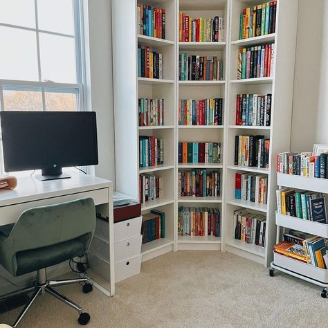 12 Corner Bookshelf Ideas to Maximize Space and Style in Your Home Bookshelf In Office Small Spaces, Built In Bookshelves In Corner, Small Corner Bookcase, Bookshelf In Front Of Window, Book Shelf Small Spaces, Desk Between Bookshelves, Small House Book Storage, Reading Corner Bookshelf, Book Shelves With Desk