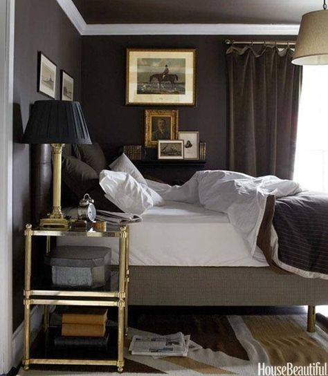 Charcoal bedroom with gold accents. English Style Bedroom, Masculine Bedroom, Dark Bedroom, Decor Ikea, Dark Walls, Common Ground, Dreamy Bedrooms, Gray Bedroom, Modern Bed