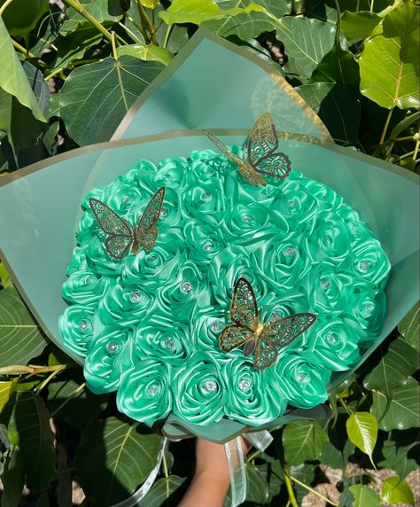 Eternal Flower Bouquet, Butterflies On Flowers, Ribbon Rose Bouquet, Money Rose Bouquet, Ribbon Rose Bouquets, Roses Bouquet Gift, Ribbon Flowers Bouquet, Mint Green Flowers, Money Rose