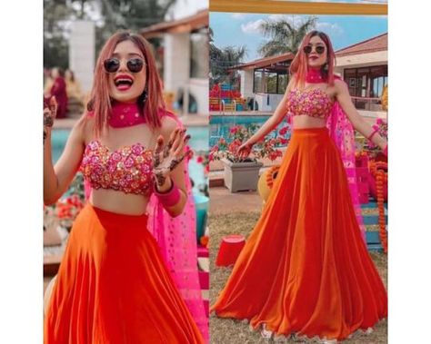 Orange Lehenga Choli Indian Pakistani Wedding Mehendi Bollywood Lehenga Choli  | eBay -  #BOLLYWOOD #Choli #eBay #Indian #lehenga #mehendi #Orange #pakistani #Wedding Red Mehendi Outfit, Haldi Lehenga Design, Colourful Haldi Outfit, Pink Haldi Outfits For Bride, Indian Mehendi Outfits Sisters, Pithi Outfit, Mehendi Function Outfit, Unique Haldi Outfits For Bride, Haldi Dress Ideas