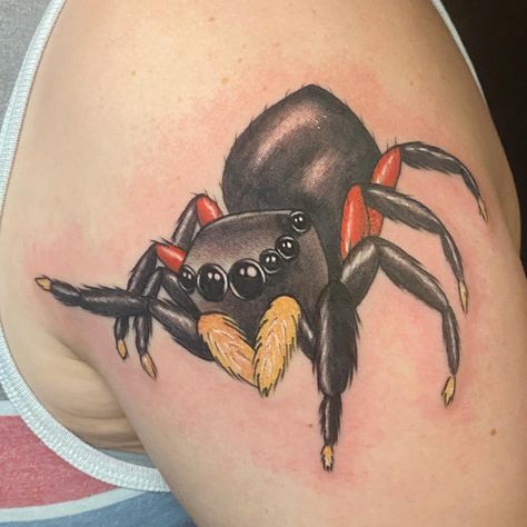 Fantastic jumping spider piece done by @sydneyctattoo! It's an awesome choice for her client's first tattoo!! 🕷️ ⁠ ⁠ "I love how this spider turned out! This lil guy is an Euophrys Monadnock, a species of jumping spider that can be found in Saskatoon from time to time. ⁠ Thanks for the trust with your first tattoo Sara!" ⁠- Sydney Jumping Spider Tattoo Design, Jumping Spider Tattoo, Realism Tattoos, Mama Tried, Spider Tattoo, Jumping Spider, Realism Tattoo, Nature Tattoos, Best Tattoo