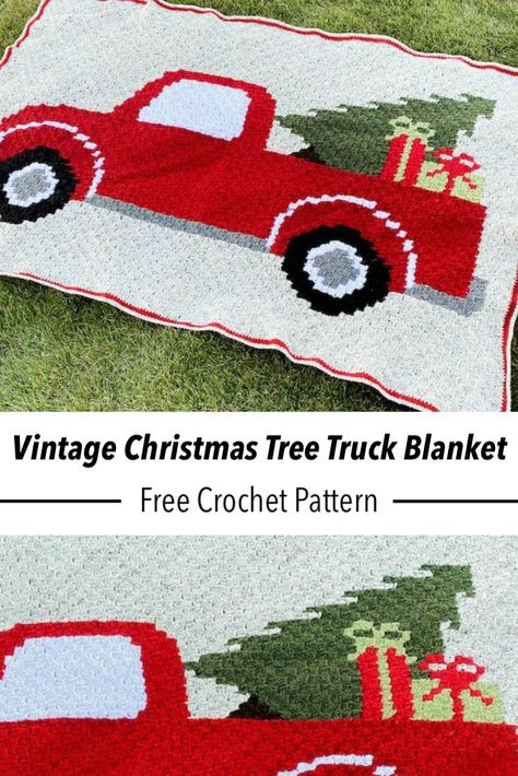 This Christmas Tree Truck blanket crochet pattern features an image of a classic red vintage truck packed with a Christmas tree and presents. This blanket is constructed with the C2C stitch, and there is a video tutorial to help you learn. #christmastreetruck #redtruck Truck Blanket, C2c Patterns, Crochet C2c Pattern, Christmas Afghan, Christmas Crochet Blanket, C2c Crochet Pattern Free, C2c Crochet Blanket, Christmas Tree Truck, Crochet Xmas