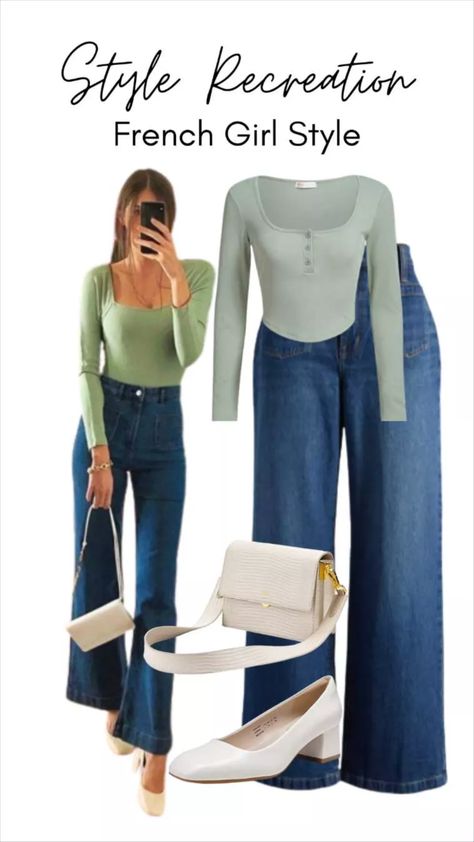 Sage Green Casual Outfit, French Wide Leg Jeans, Sage Top Outfit, Sage Green Top Outfit, Pumps Outfit Casual, Outfits Sage Green, Outfit Wide Leg Jeans, Sage Green Outfit, Jeans With Front Pockets