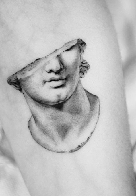 Broken statue of youth tattoo done by @youngtatsyou in New York | www.otziapp.com Sculpture Tattoo, Apollo Tattoo, David Tattoo, Roman Tattoo, Statue Tattoo, Mythology Tattoos, Sketch Tattoo Design, Greek Tattoos, Tattoo Portfolio