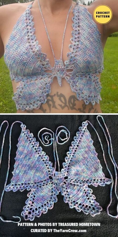 Butterfly Top Crochet Pattern Free, Crochet Butterfly Top Free Pattern, Butterfly Crochet Top Pattern, Crochet Patterns For Summer, Crochet Bra Top Pattern, Top Borboleta, Top Mariposa, Tops A Crochet, Crochet Bralette Top