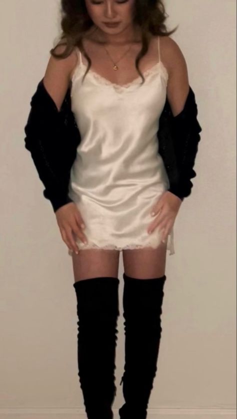 Silk Dress And Cardigan, Short Silk Dress Outfit, Silk Dress Outfit Classy, White Mini Dress Lace, Dress With Jordans, Old Money Classy, Silk Dresses Outfit, Museum Outfit, Mini Dress Lace