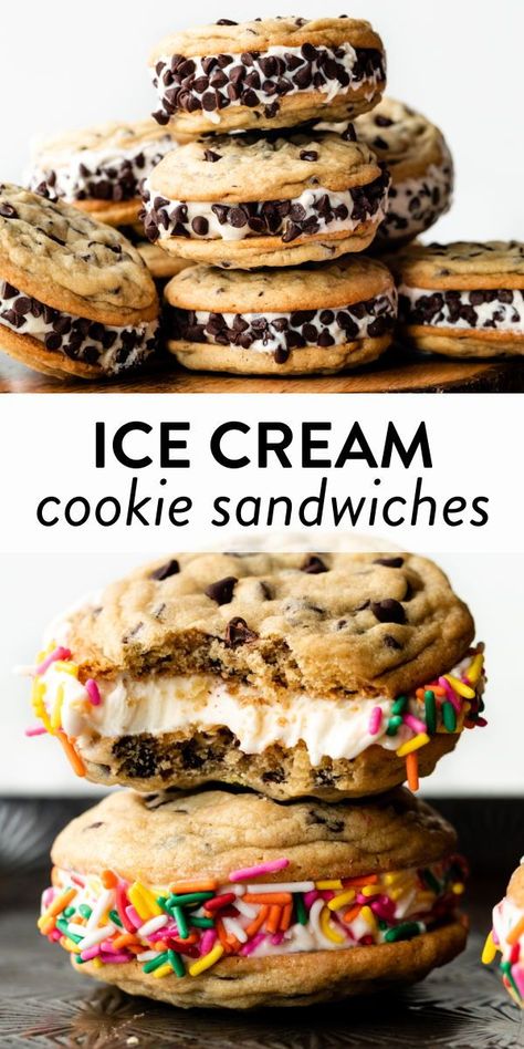 These cookie ice cream sandwiches use a quick no-chill cookie dough recipe that produces soft cookies perfect for freezing. Nothing beats this classic summer treat! #cookies #icecream #summer #sprinkles Cookie Ice Cream Sandwiches, Homemade Ice Cream Sandwiches, Cookie Sandwich Recipes, Ice Cream Sandwiches Recipe, Cookie Dough Recipe, Cookie Ice Cream, 2023 Recipes, Soft Cookies, Cookie Dough Ice Cream