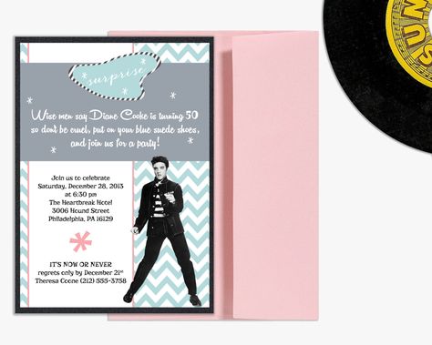 Elvis Presley Milestone Birthday Invitation Surprise Party Elvis Presley Birthday, Elvis Birthday Party, Elvis Presley's Birthday, Elvis Birthday, Milestone Birthday Invitations, Mickey Mouse Invitations, Mom Party, 50th Party, Pink Envelopes