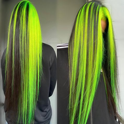 Half Dark Half Light Hair, Neon Green Highlights, Emo Hair Color, Green Hairstyles, Hair Mood Board, Neon Green Hair, Colored Weave, Neon Hair, Arte Alien