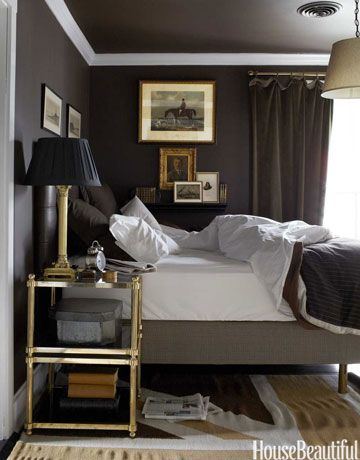 The gentleman's-club tone, Behr paint and a Jonathan Adler Union Jack rug. English Style Bedroom, Masculine Bedroom, Dark Bedroom, Decor Ikea, Dark Walls, Common Ground, Dreamy Bedrooms, Gray Bedroom, Modern Bed