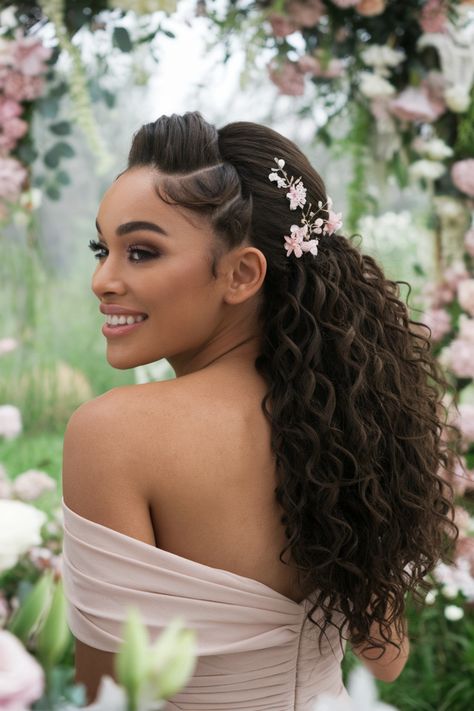 Discover the beauty of this stunning updo, a perfect choice for wedding hairstyles that celebrate the elegance of black women. Featuring intricate braiding and delicate floral accents, this hairstyle captures both sophistication and creativity, making you feel like a queen on your special day. Elevate your bridal look with this unique style that highlights your natural beauty and complements any wedding theme. #weddinghairstyles Braids With Flowers Black Women, Bridal Updo Black Women, Wedding Braids Black Women, Natural Wedding Hairstyles Black Bride, Wedding Hairstyles For Black Hair, Natural Bridal Hairstyles Black Women, Wedding Hairstyles For Black Women, Black Bridesmaids Hairstyles, For Wedding Hairstyles