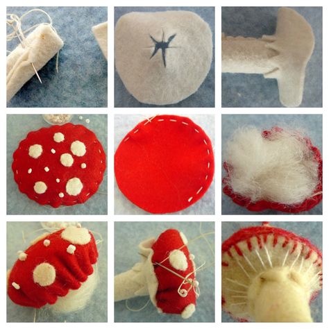 Voorbeeld hoe paddestoel te maken (helaas geen toegang tot uitgebreidere beschrijving) Felt Mushroom, Mushroom Crafts, Felt Food, Soft Sculpture, Felt Toys, Peg Dolls, Felt Ornaments, Felt Art, Felt Flowers