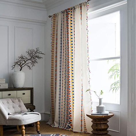 JAIJY Heavyweight Colorful Pom Pom Curtain Boho Farmhouse Ombre Ticking Geometry Stripe Soft Linen Cotton Fabric Kitchen Semi Blackout Rod Pocket Retro Window Drapes for Bedroom, 1 Panel, 59"x72" : Home & Kitchen Pom Pom Curtains, Sliding Door Curtains, Different House Styles, Bedroom Bohemian, Window Curtains Living Room, Geometric Curtains, Drapes For Bedroom, Tassel Curtains, Kitchen Fabric