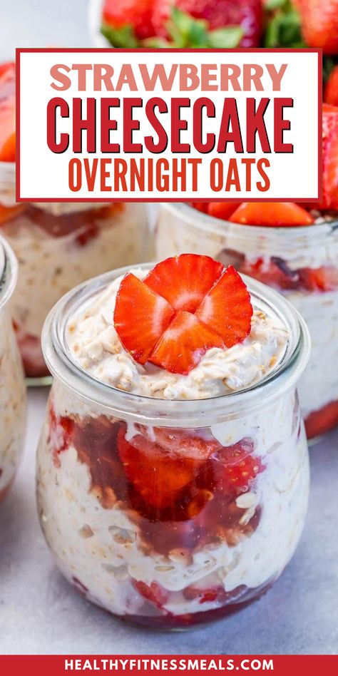 Strawberry Cheesecake Overnight Oats have all the flavor of an irresistible dessert served up in a perfectly-portioned, healthy breakfast. The easy oatmeal recipe is made with a combination of vanilla yogurt, cream cheese, milk, honey, oats, fresh strawberries, and strawberry preserves for creamy deliciousness in every bite. The perfect make-ahead meal for busy mornings! Strawberry Cheesecake Overnight Oats, Yogurt Cream Cheese, Cheesecake Overnight Oats, Healthy Cream Cheese, Easy Oatmeal Recipes, Easy Strawberry Cheesecake, Strawberry Overnight Oats, Overnight Recipes, Oat Recipes Healthy