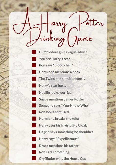 Harry Potter Movie Drinking Game, Harry Potter Drinking Game Movies, Halloween Drinking Games Movie, Film Drinking Games, Harry Potter Movie Marathon Food, Harry Potter Drinking Games, Harry Potter Movie Marathon Ideas, Harry Potter Alcoholic Drinks, Harry Potter Date Night