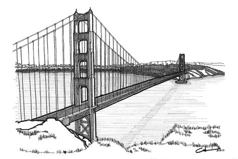 Golden Gate Bridge Drawing, Bridge Drawing, San Francisco Bridge, Lion Coloring Pages, Eagle Painting, San Francisco Golden Gate Bridge, Dog Coloring Page, The Golden Gate Bridge, Drawing Tutorial Easy