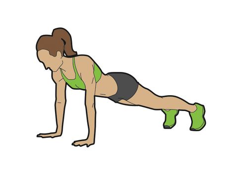 9. Cardio break: Get in push-up position, with hands under your shoulders and feet together. Bend your right knee and draw it in toward your chest. As you push it back out, quickly bring in your left knee. Repeat for 30 seconds. Work up to one minute. 10. Ab move: Hold your body in a plank for 30 seconds. This should look like the starting position of a push-up, with arms straight and in line with your shoulders, legs extended behind you. - Redbook.com Wedding Fitness, Ab Moves, Jogging In Place, Wedding Workout, Plank Pose, Lose Inches, Fitness Plan, Side Lunges, Ways To Be Happier