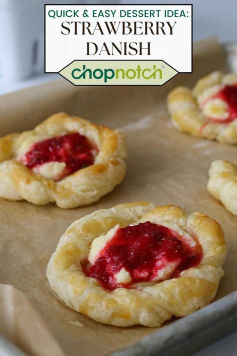 Indulge in the delightful taste of our Homemade Strawberry Danish, a scrumptious pastry filled with luscious strawberries. Made with flaky puff pastry and a generous layer of sweet strawberry filling, this Danish is perfect for breakfast or dessert. 🍓🥐 Pin this recipe now for a delicious treat that will impress your family and friends! #StrawberryDanish #HomemadePastries #ChopNotchRecipes #SweetIndulgence Danish Recipe From Scratch, Strawberry Danish Recipe, Strawberry Pastries, Strawberry Danish, Homemade Danish, Danish Dessert, Cream Cheese Puff Pastry, Leftover Strawberries, Fast Easy Desserts