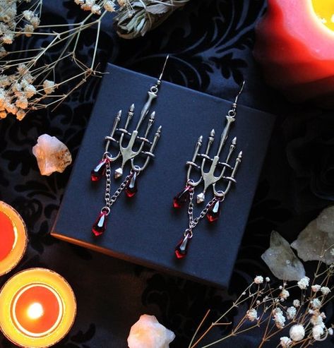 Vampiric Jewelry, Classy Goth, Crystals Hanging, Red Chandelier, Earrings Gothic, Goth Earrings, Romantic Earrings, Gothic Vampire, Silver Chandelier