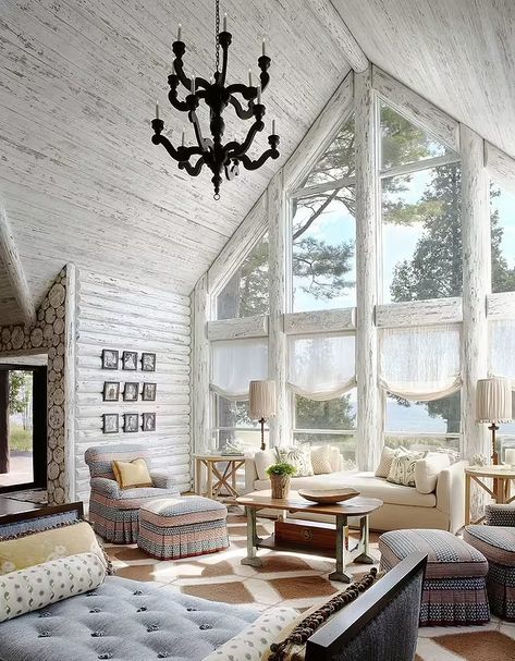 Whitewashed Lake Cabin by Jessica Jubelirer Design | HomeAdore HomeAdore Log Cabin Living Room, Cabin Homes Interior, Modern Cabin Interior, Log Home Interior, Log Cabin Exterior, White Cabin, Cabin Interior Design, Log Cabin Living, Log Cabin Interior