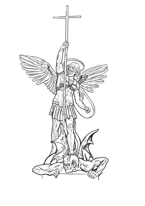 Saint Michael Tattoo Stencil, St Michael Tattoo Design For Men, Jesus Tattoo Stencil, Saint Michael Tattoo Design, Biblical Tattoos For Men, Tattoos Sketches, St Michael Tattoo, Half Sleeve Tattoos Sketches, 천사와 악마