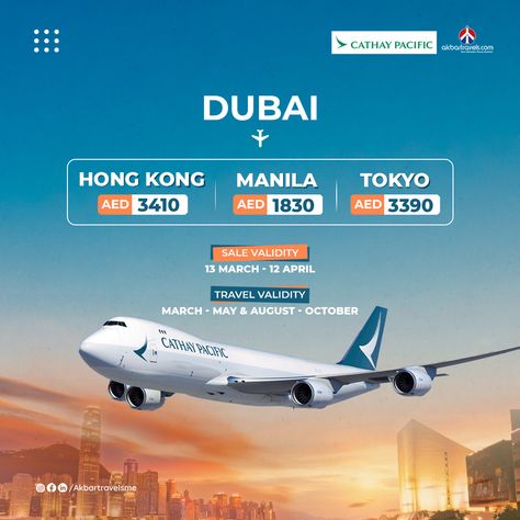 🌟✈️ Exciting news travelers! Experience the world with Cathay Pacific's special fares from Dubai to your dream destinations! 🌏✨ 🇭🇰 Dubai to Hong Kong: AED 3,410 🇵🇭 Dubai to Manila: AED 1,830 🇯🇵 Dubai to Tokyo: AED 3,390 📅 Sale Validity: March 13th - April 12th ✈️ Travel Validity: March - May & August - October 🎉 Don't miss this opportunity to explore these incredible cities at amazing prices! Book now and let your adventures begin! 🎫✨ Visit: https://www.akbartravels.com/ae/flight #cathay... New Product Ads, Travel Social Media Design, Travel To Uk, Travel Advertising Design, Travel Banner, Travel Website Design, Web Design Ux Ui, Travel Creative, Travel Ad