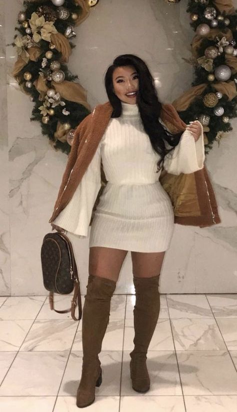 Thanksgiving Outfit Thigh High Boots, Christmas Dinner Outfit Classy Casual, 35th Birthday Outfits For Her, 21st Birthday Winter Outfit, Cute Brunch Outfits Winter, Brown Thigh High Boots Outfit, January Birthday Outfit Ideas, Winter Dinner Outfit Dressy, Dinner Outfits Ideas