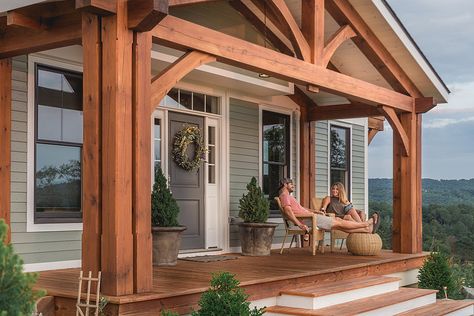 Settlement Post & Beam | Timber Frame Gallery Wood Pillars, Craftsman Porch, Timber Frame Porch, Porch Remodel, Porch Addition, Railing Ideas, Front Porch Design, Timber Frame Homes, Home Porch