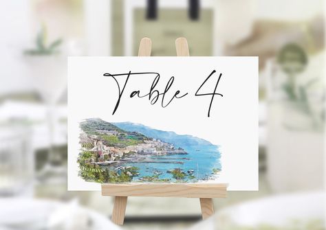 Table Numbers Wedding Italy, Mexico Wedding Table Numbers, Location Wedding Table Names, Italian Wedding Table, Wedding Table Numbers Cities, Wedding Table Numbers Watercolor, Amalfi Wedding, Numbers Design, Wedding Table Name