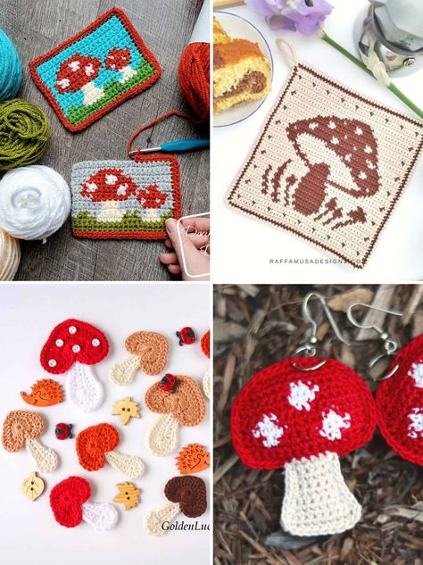 Crochet Mushroom Coaster Free Pattern, Crochet Mushroom Keychain Pattern Free, Crochet Mushroom Coaster, Mushroom Lanyard, Free Crochet Mushroom, Mushroom Crochet Pattern, Mushroom Patterns, Crochet Mushrooms, Keychains Crochet