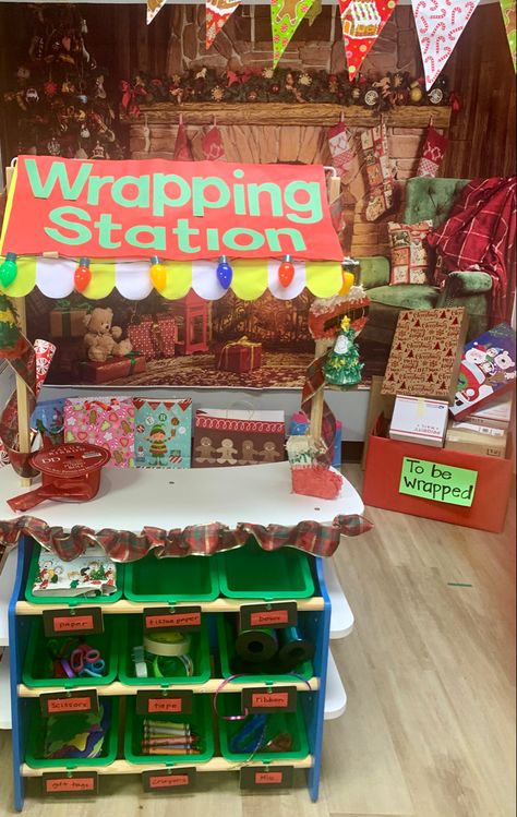 Christmas Wrapping Station Eyfs, Santa’s Workshop Activities, Christmas Role Play Areas Eyfs, Christmas Themed Dramatic Play, Gingerbread House Dramatic Play Center, Christmas Wrapping Station Ideas, Christmas Market Dramatic Play, Christmas Home Corner Role Play, Christmas Craft Station