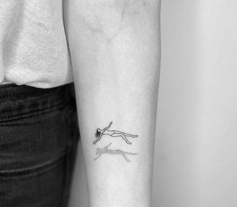 Florence Tattoo Ideas, Floating Woman Tattoo, Woman Swimming Tattoo, Float Tattoo, Floating Tattoo, Fine Line Sternum Tattoo, Falling Tattoo, Hippo Tattoo, Fall Tattoo