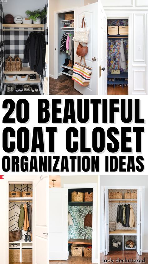 20 Beautiful Coat Closet Organization Ideas Coat Closet Organization Ideas, Front Closet Makeover, Coat Closet Design, Small Entry Closet, Entry Closet Ideas, Entry Closet Organization, Coat Closet Storage, Hall Closet Organization, Small Coat Closet