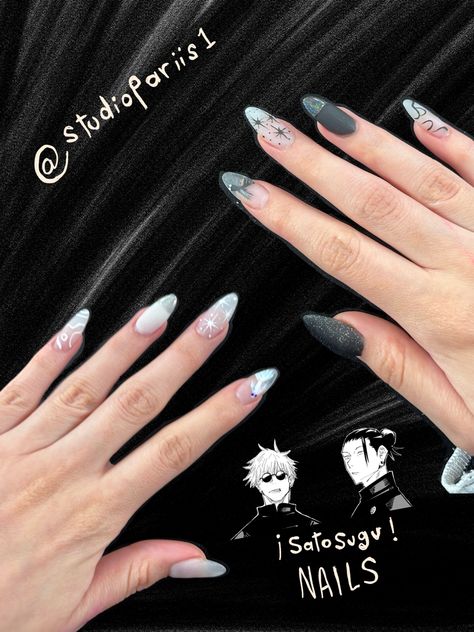 Uñas de anime, uñas de jujutsu kaisen, jujutsu kaisen Satosugu Nail Art, Cute Nails Anime, Gojo Nails Design, Anime Nails Designs Simple, Gojo Satoru Nails Art, Gojo Nail Ideas, Gojo Satoru Nails Design, Gojo Themed Nails, Jjk Nails Designs Gojo