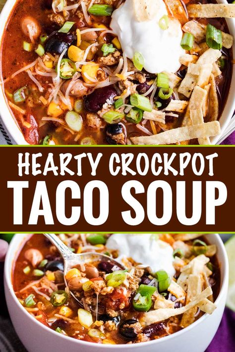 Packed with flavor, this Crockpot Taco Soup tastes just like your favorite taco, in comforting soup form!  Perfect for a hectic weeknight dinner, there are slow cooker, stovetop and instant pot directions! #taco #soup #crockpot #slowcooker #weeknight #easyrecipe #comfortfood Crockpot Taco Soup, Crockpot Taco, The Chunky Chef, Soup Crockpot, Chunky Chef, Crock Pot Tacos, Comforting Soup, Comfort Soup, Crock Pot Soup