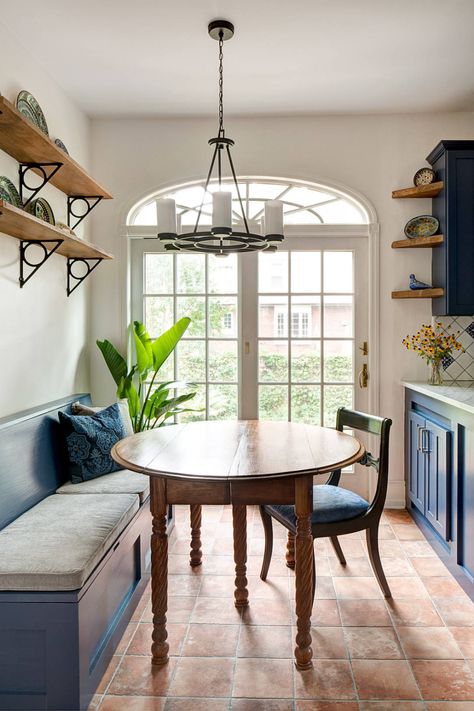 Bold Mediterranean Kitchen in Narberth - Mediterranean - Dining Room - Philadelphia - by Airy Kitchens Mediterranean Dining Room, Terracotta Floors, Terracotta Tile, Mediterranean Kitchen, Stained Table, Terracotta Floor, Modern Farmhouse Bathroom, Blue Cabinets, Banquette Seating