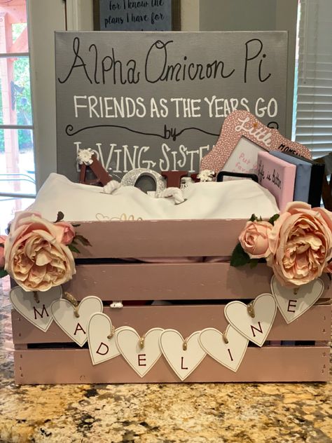 Wooden Crate Gift Basket Ideas Birthday, Sorority Crate Ideas, Wooden Crate Gift Basket Ideas, Initiation Basket, Big/little Baskets, Spooky Basket, Hocus Pocus Party, Sorority Big Little, Alpha Chi Omega