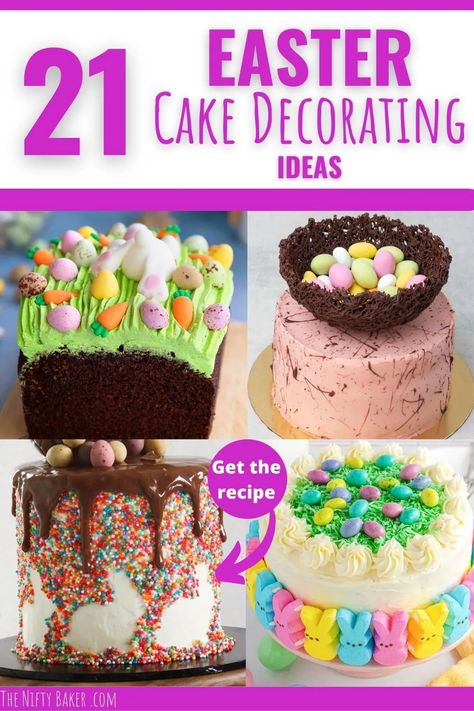 pin showing 4 different easter cake decorating ideas Easter Cake Decorating Ideas, Easter Cake Ideas, Easter Nest Cake, Easter Cake Designs, Easter Bundt Cake, Easter Dirt Cake, Easter Cake Easy, Easter Cake Decorating, Easter Basket Cake