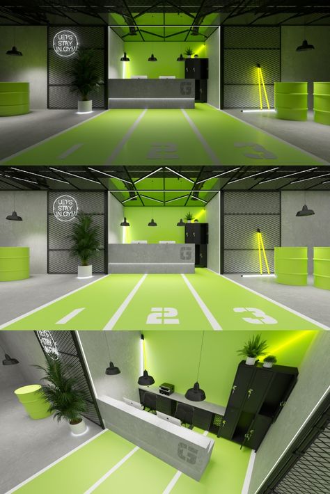 Gym reception interior design concept - urban style. Gym Club Design Interiors, Fitness Reception, Gym Reception Design, Bright Gym, Gym Reception, Club Design Interior, Commercial Gym Design, Interior Design Competition, Gym Design Interior