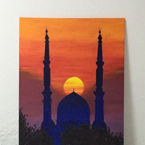 Simple Mosque Drawing, Painting Of Mosque, Mosque Painting Acrylic, Ramadan Acrylic Painting, Islamic Mosque Art, Ramadan Painting Canvas, Mosque Painting Islamic Art, Ramadan Art Painting, Islamic Acrylic Painting