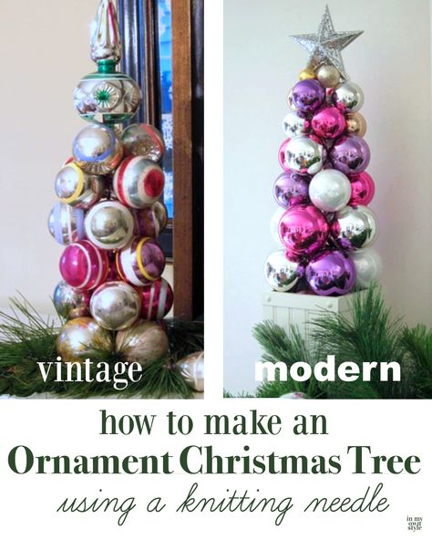 How to make a table top Christmas tree using a round ball ornaments and a knitting needle.  #ChristmasDecorDIY #ChristmasOrnaments #ShinyBrites ##ChristmasTrees #EasyChristmasDecorations Diy With Christmas Balls, Christmas Tree Ornament Clusters Diy, Christmas Ball Topiary, Make A Table Top, Christmas Tree Decorations For Kids, Christmas Tree Bulbs, Christmas Balls Decorations, How To Make Christmas Tree, Christmas Tree Decorations Diy