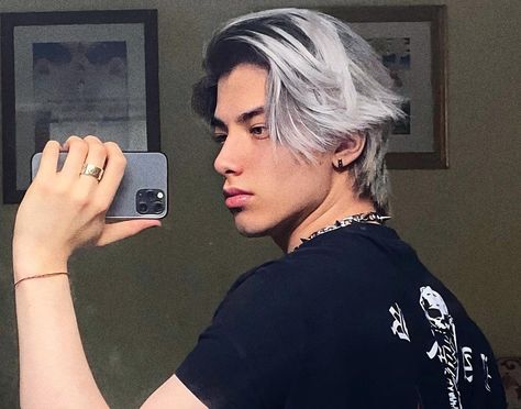 tiktok Silver Hair Dye Men, Grey Hair Color Men, Silver Hair Boy, Guys With White Hair, Ash Gray Hair Color, Black And Silver Hair, Silver Hair Men, White Hair Men, Bleached Hair Men