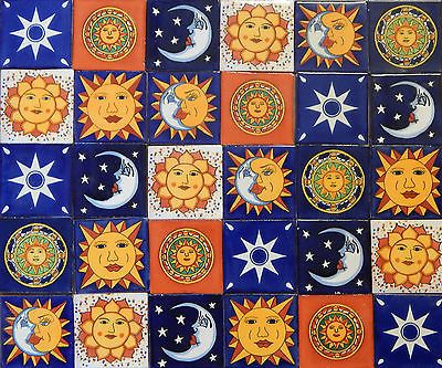 100 PCS SUN MOON STAR Mexican Tile Handmade Talavera Backsplash Handpainted 4x4" Talavera Backsplash, Moon Sun Star, Tile Handmade, Beautiful Tiles, Tiles Designs, Tiles Handmade, Mexican Talavera Tile, Sun Moon And Stars, Mexican Tile