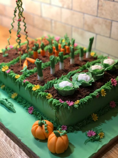 Grass Buttercream, Gardening Theme Cake, Fondant Vegetables, Allotment Cake, Vegetable Garden Cake, Garden Theme Cake, Bed Cake, 75 Birthday Cake, Chocolate Rocks