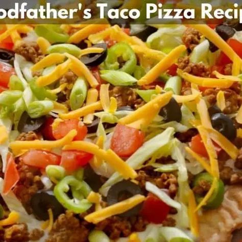 Godfather's Taco Pizza Recipe -Homemade Delicious Taco Pizza Taco Pizza Recipe Homemade, Godfathers Taco Pizza Recipe, Macho Salad, Homemade Taco Pizza, Taco Pizza Recipe, Godfathers Pizza, Taco Pizza Recipes, Taco Pizza, Homemade Pizza Dough